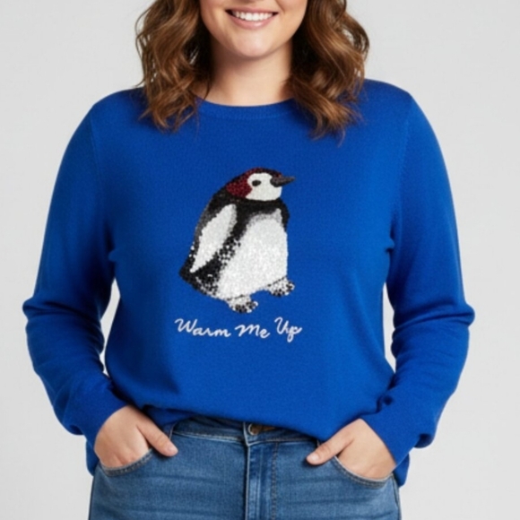 Talbots Blue Lambswool Penguin Warm Me Up Holiday Warm Winter Crew Sweater XL - Picture 2 of 6